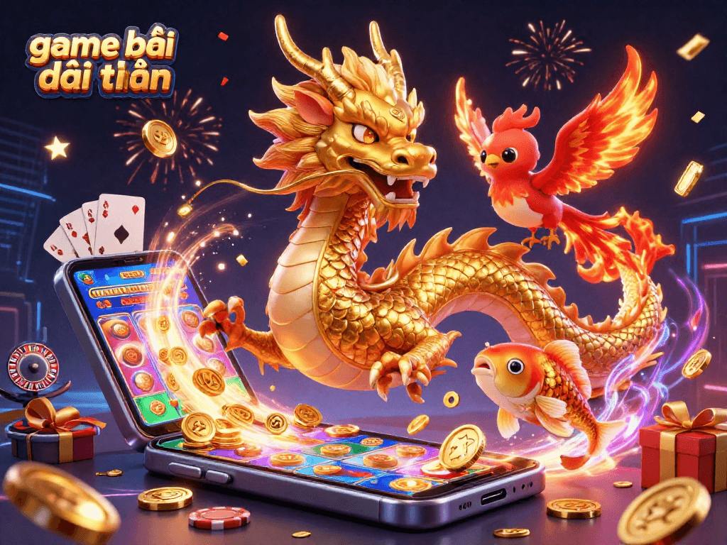 Engaging scene of game bài đổi thưởng featuring a powerful golden dragon, a phoenix, and vibrant casino elements.