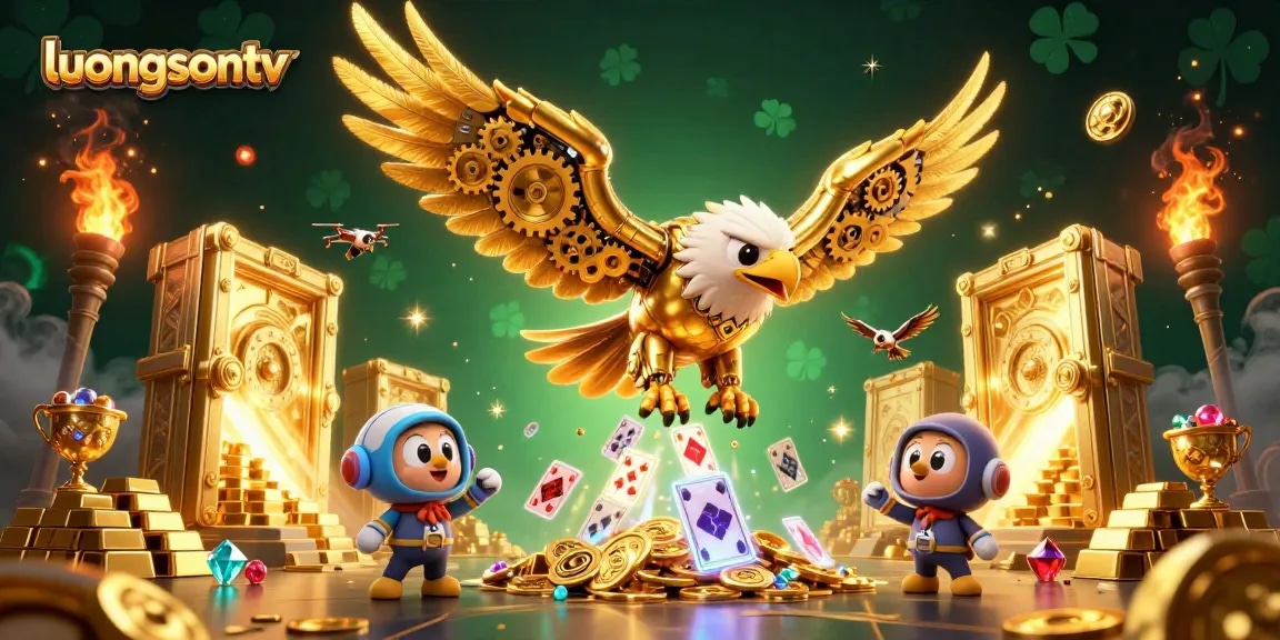 luongsontv showcases a cybernetic eagle amidst vibrant casino riches, diving through holographic cards.