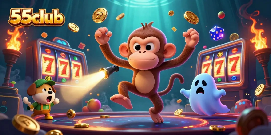 55club showcases an energetic scene with a playful monkey and ghost-hunter puppy in a thrilling haunted casino.