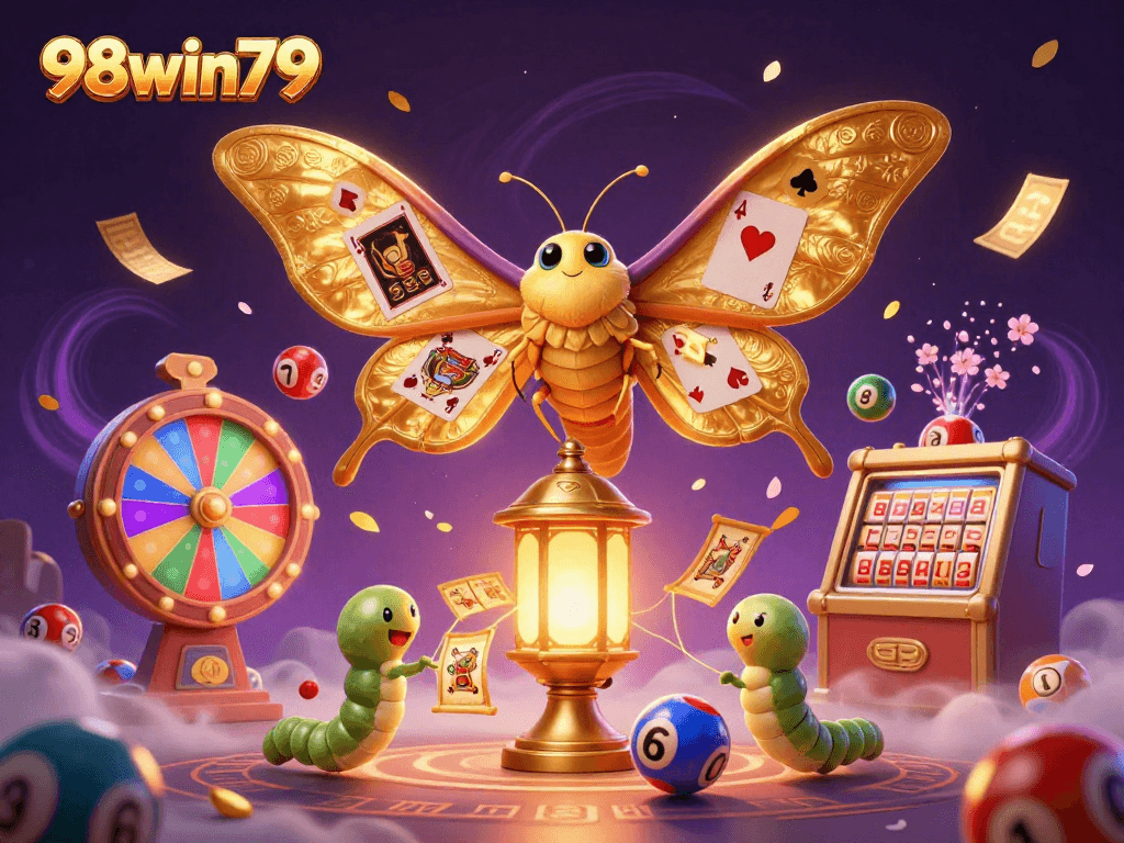 Engage with vibrant gaming elements in a fantastical setting featuring 98win79's colorful lottery scene.