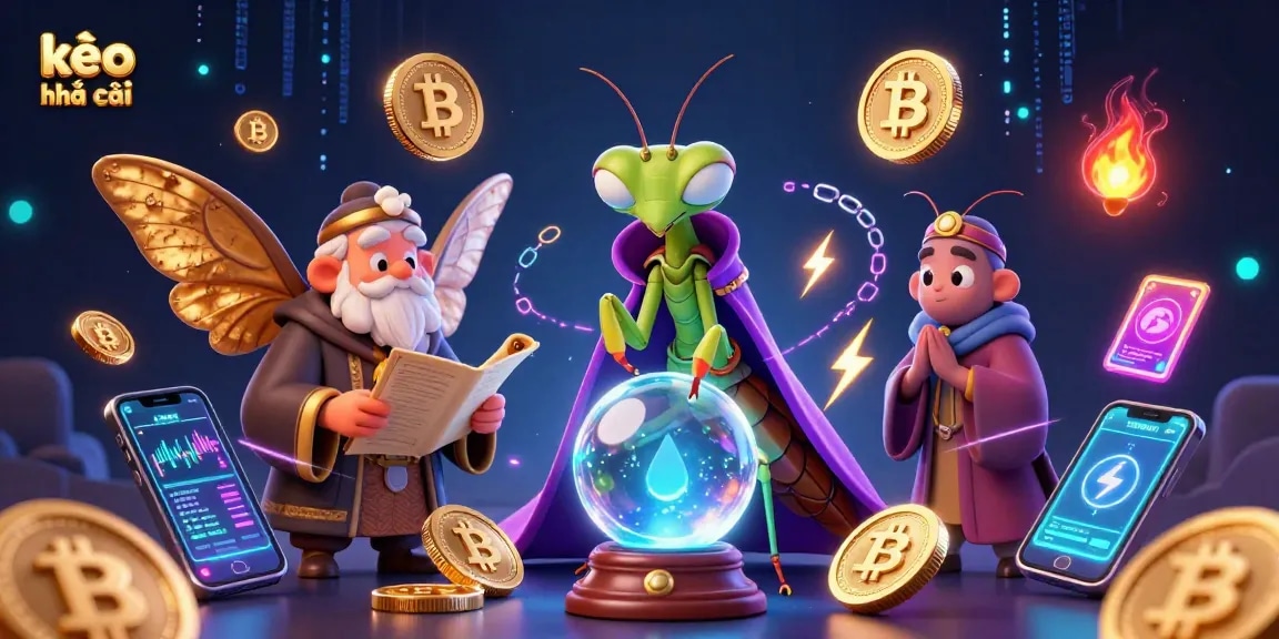 Engage with kèo nhà cái insights as a cartoon praying mantis fortune teller unveils crypto-rich gaming strategies.