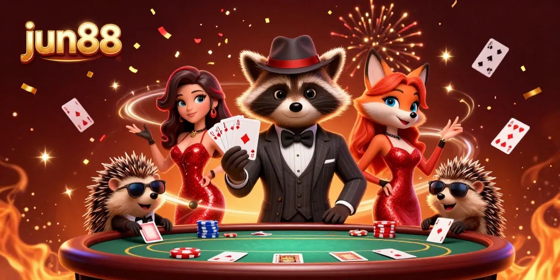 Experience the excitement at jun88 with a raccoon holding a royal flush at a vibrant casino scene.