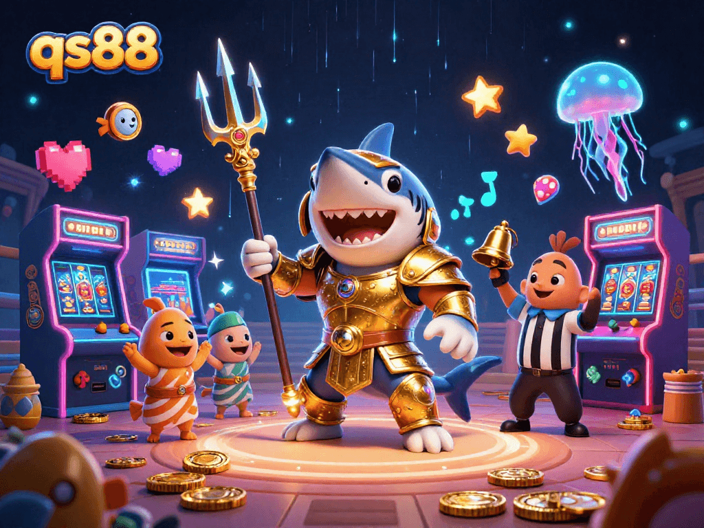Experience excitement at qs88 with a fierce shark in gladiator armor surrounded by vibrant gaming elements.