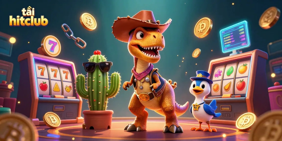 Engage with tải hitclub in an electrifying casino adventure featuring vibrant slot reels and lively characters.
