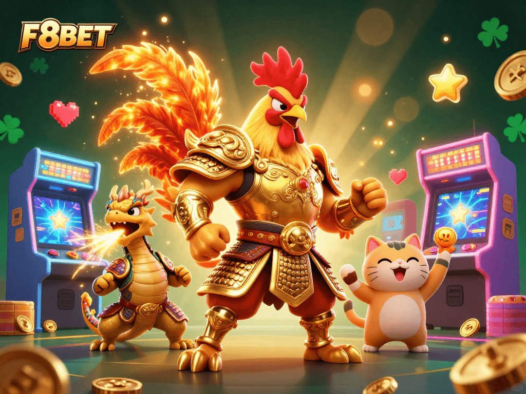 Experience thrilling gameplay with F8BET, featuring a colorful 3D scene of animated characters and game elements.