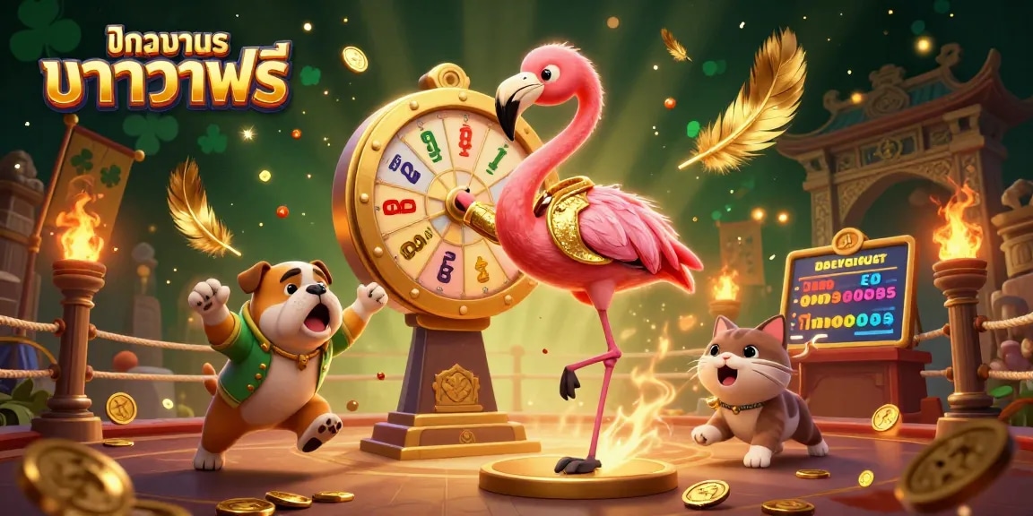Experience the excitement of ทดลองบาคาร่าฟรี with a vibrant 3D illustration featuring a flamingo game show host!