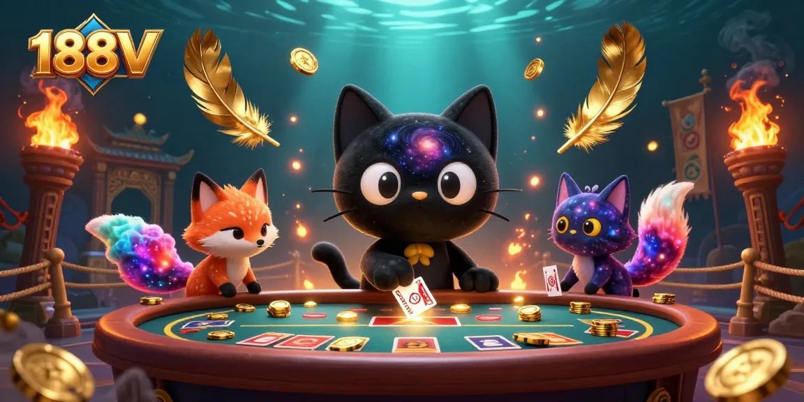 Engage with 188V's cosmic casino featuring a black hole cat and nebula fox amidst golden chips and vibrant galactic effects.