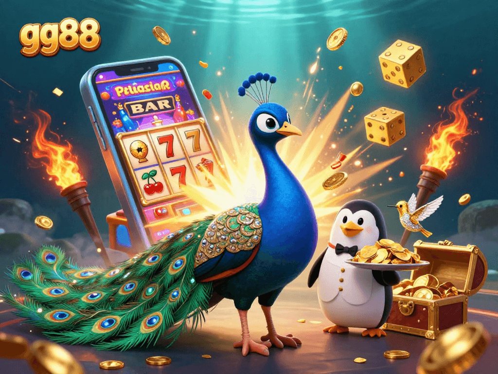 Bet big with gg88 as a colorful slot machine bursts open with rewards and animated characters.
