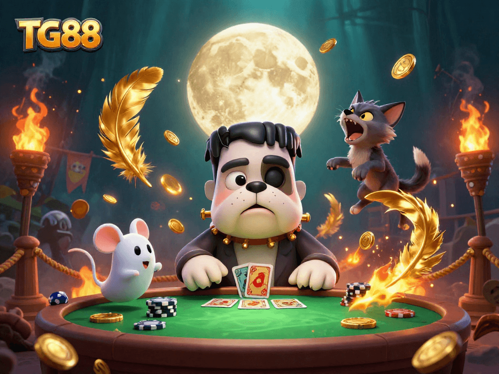 Experience thrilling card games with TG88's lively casino scene featuring unique characters.