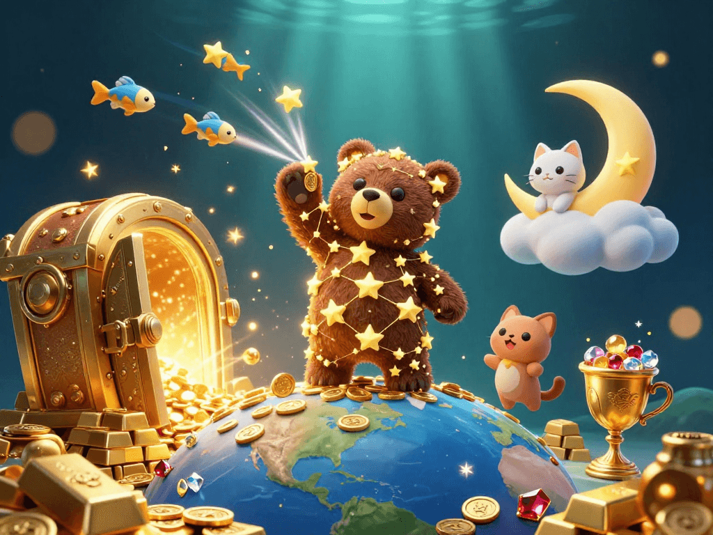 Join GO8's thrilling adventure as you scoop coins from the 3D constellation bear while treasures explode from a vault.
