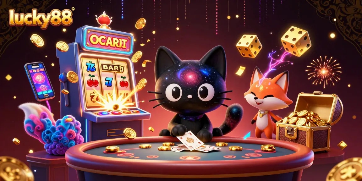 Experience lucky88 with a cosmic feline character attracting casino chips and cards in this vibrant gaming scene.