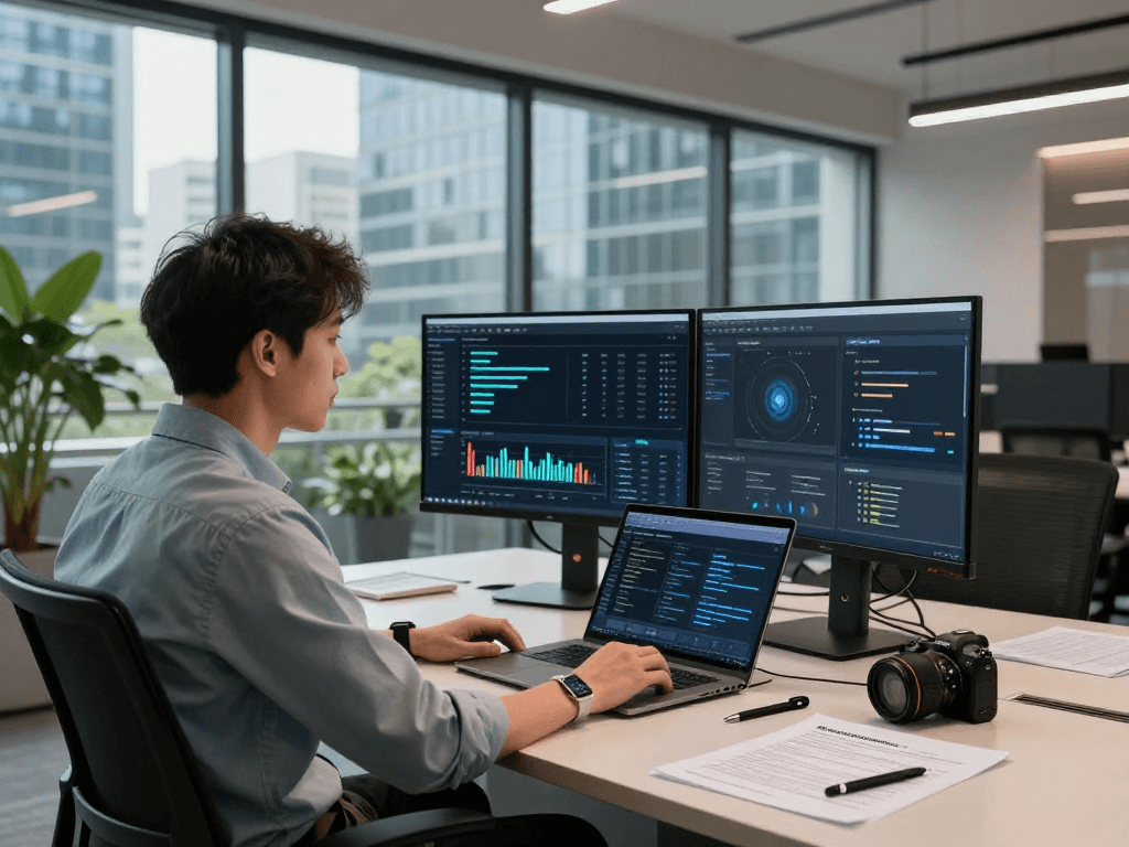 Enterprise developer using Waygrid API management tools in a modern workspace.