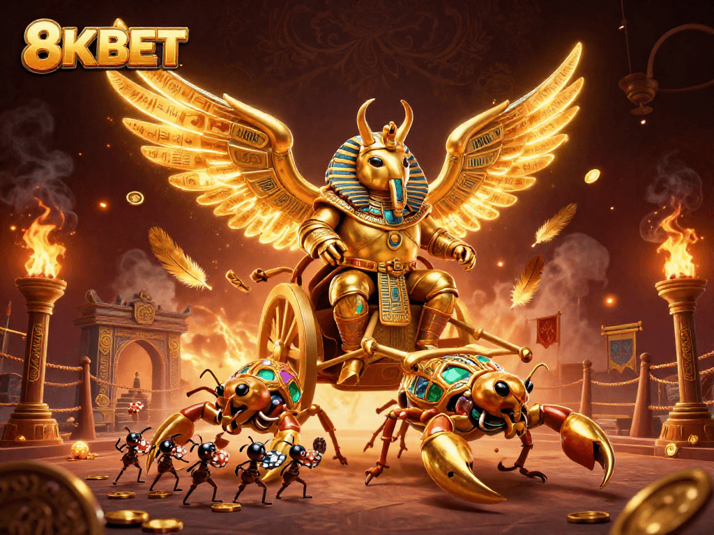 Experience thrilling gaming action with 8KBET, featuring a golden pharaoh scarab and scorpions in an enchanting casino.