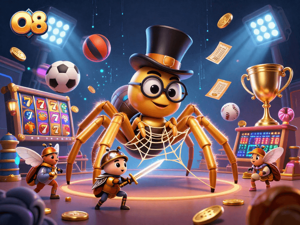 O8 casino scene featuring a giant golden tarantula and a beetle knight amidst slots and sports elements.