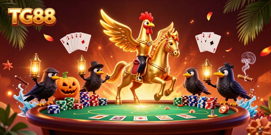 Join the excitement at TG88 with a golden rooster and spooky companions in a vibrant casino scene.