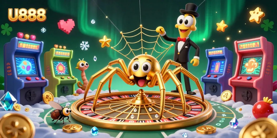 Play at U888 with a golden spider and centipede croupier in a vibrant casino scene.