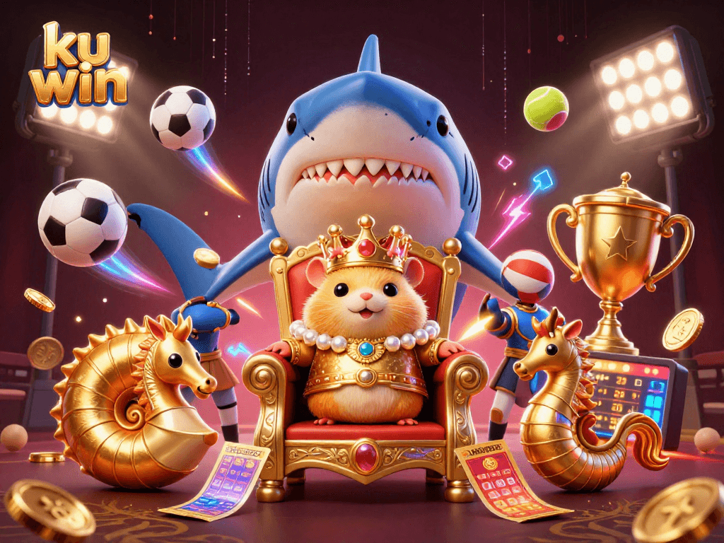 ku win captures excitement with a golden hamster king at a casino throne surrounded by dynamic gaming elements