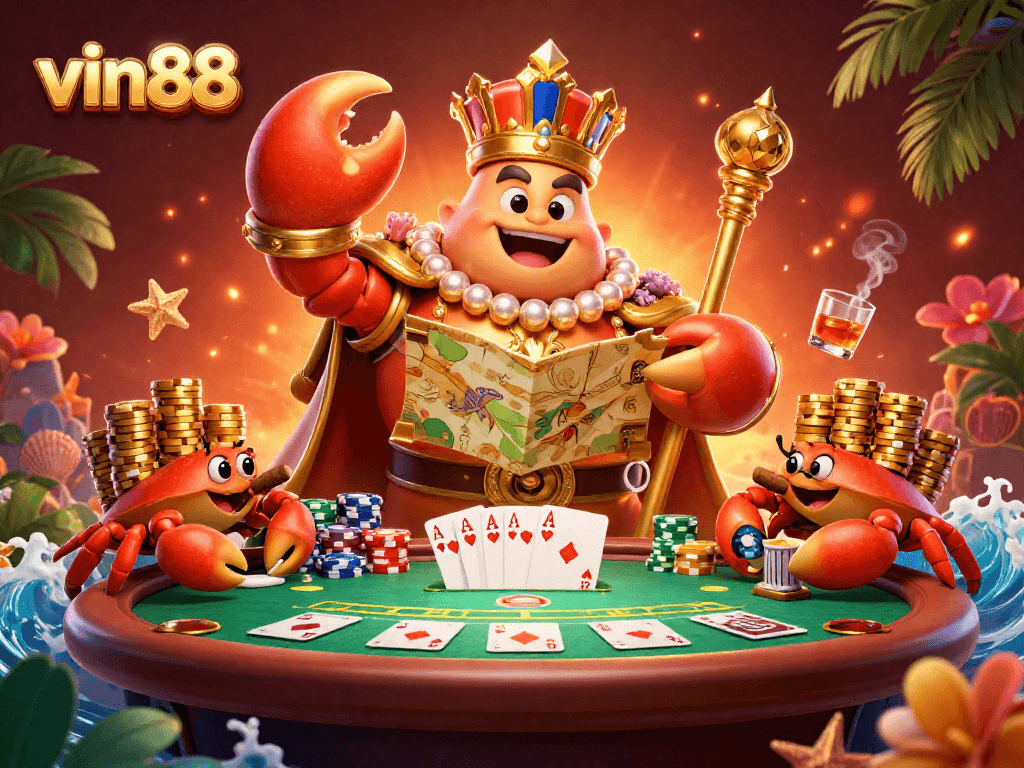 Experience the excitement of poker at vin88 with a golden crab emperor and vibrant casino elements.