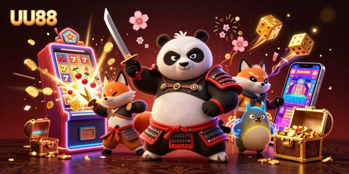Engage with UU88 while a dynamic panda samurai wields a katana in a vibrant casino scene.