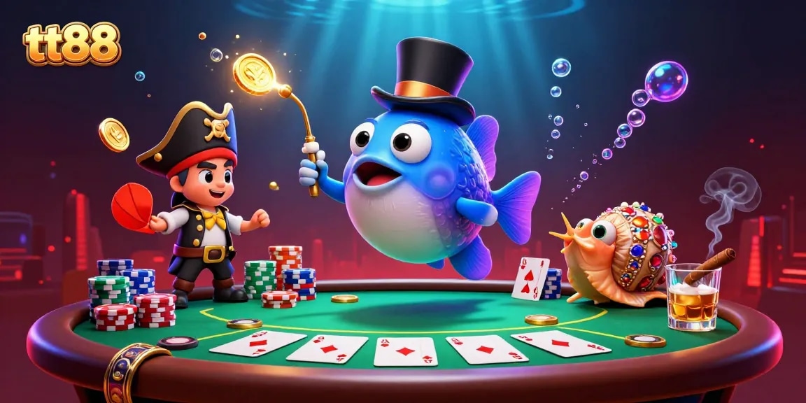 tt88 animates a vibrant poker scene with colorful characters and casino elements, captivating online players.