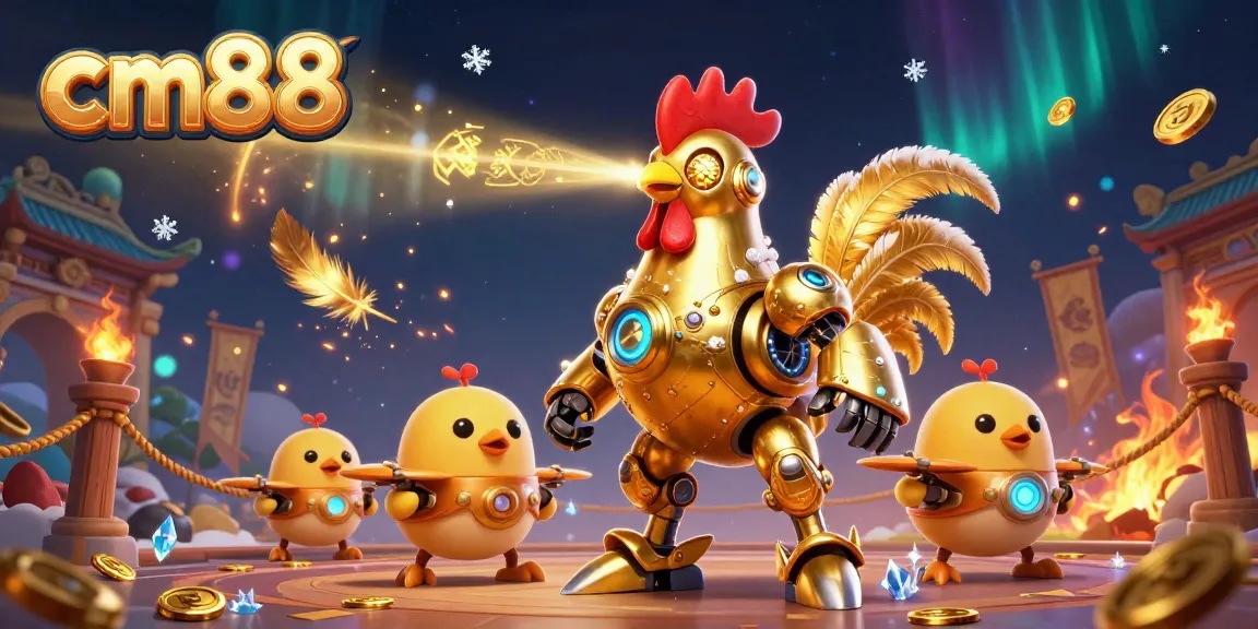 Nhận thưởng lớn tại cm88 với robot gà vàng trong môi trường casino sống động.