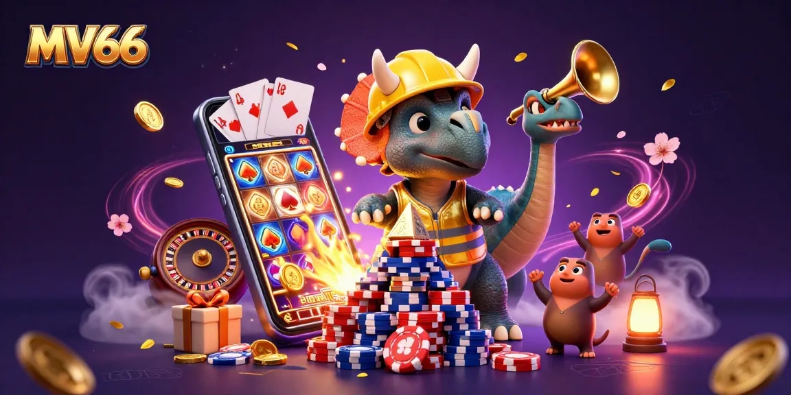 Engage with MV66's thrilling gaming adventure, featuring a lively casino scene with exciting characters.