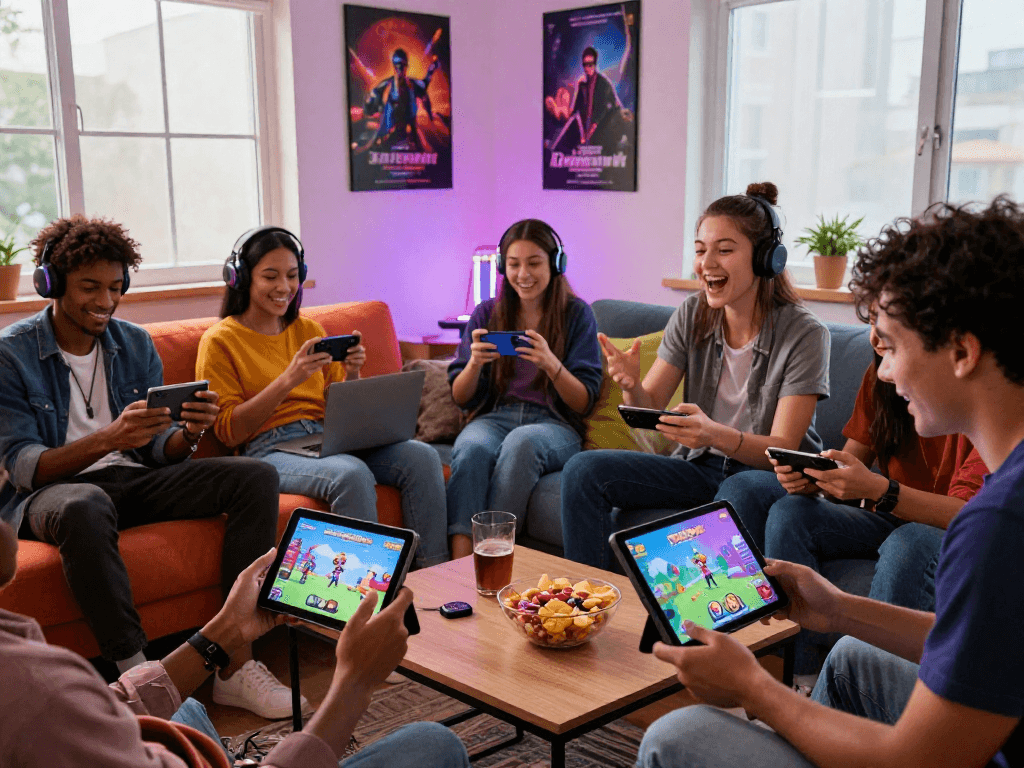 Group enjoying free porn games together on mobile devices in a cozy living room.