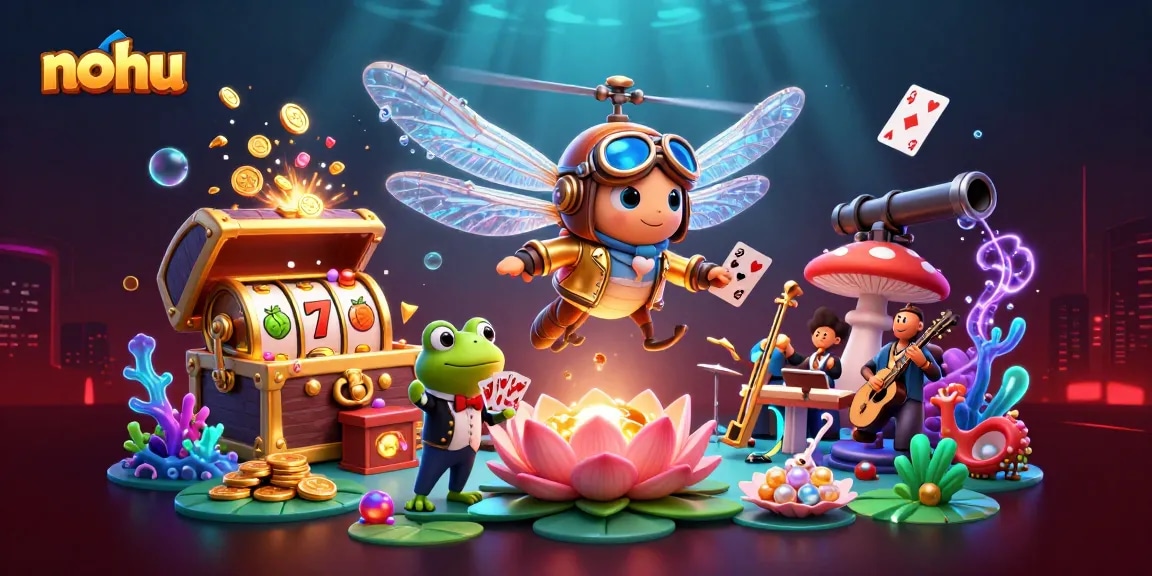 Experience the vibrant action of nohu with a dragonfly pilot and frog croupier in this engaging casino scene.