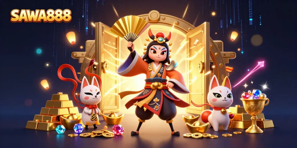 Engage in thrilling gaming experiences with SAWA888's vibrant and dynamic casino illustration.