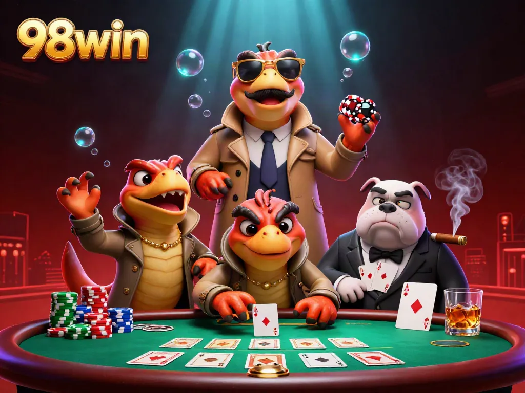 Experience the thrill of 98win with cartoon raptors mimicking a tall man entering a VIP casino.