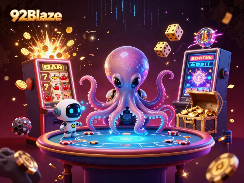 Experience 92Blaze's vibrant casino universe with a cartoon alien octopus at a holographic poker table.