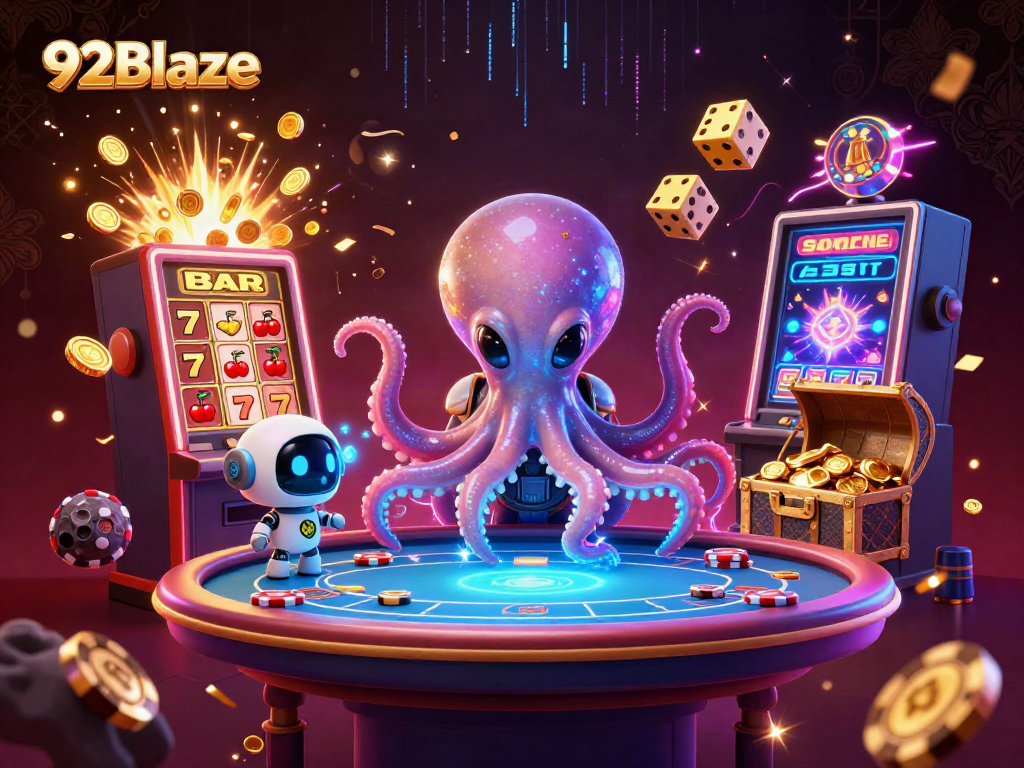Experience 92Blaze's vibrant casino universe with a cartoon alien octopus at a holographic poker table.