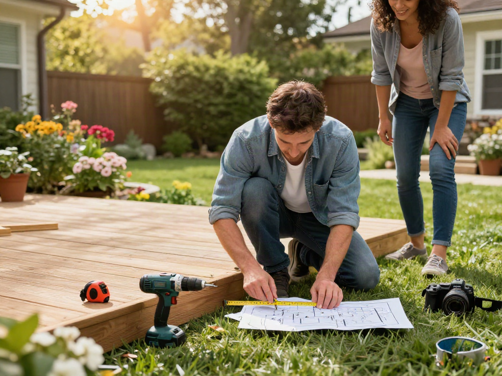Home repair services Des Moines Iowa featured in a backyard deck construction scene showcasing skilled handyman and blooming flowers, emphasizing craftsmanship.
