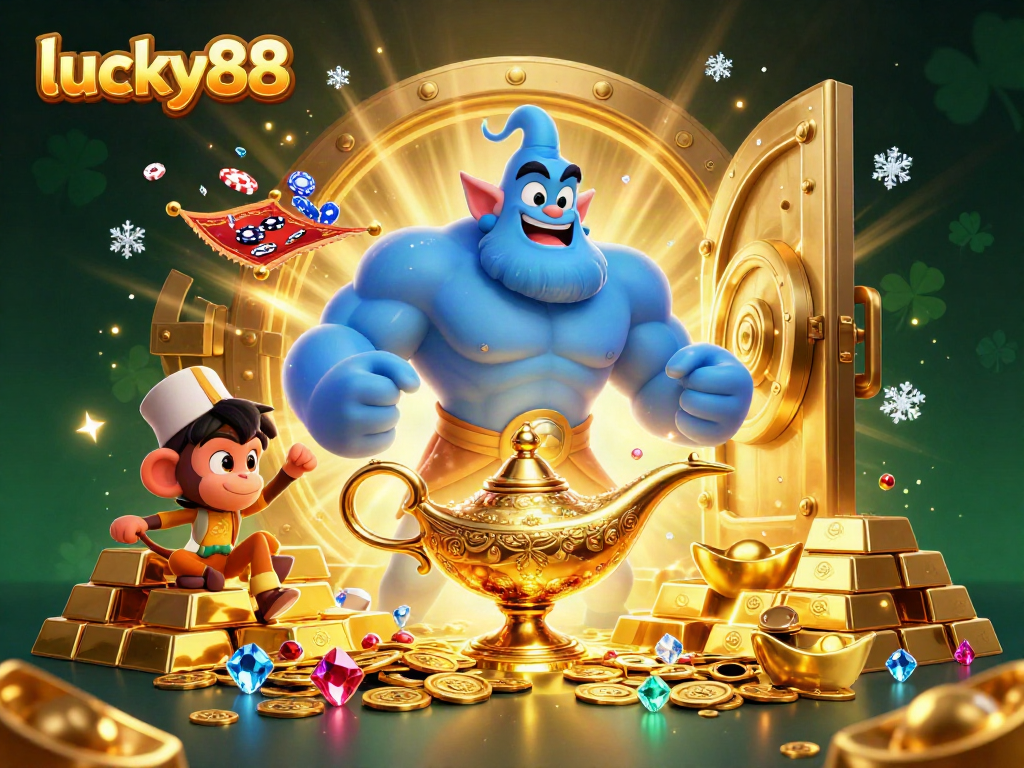 Engage in thrilling adventures with lucky88 as a blue genie and a feisty monkey unveil treasures in a dazzling casino.