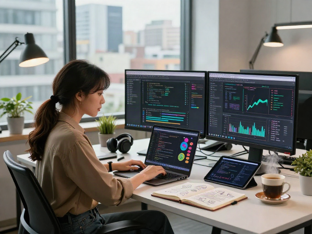 This vibrant tech workspace showcases a young developer working with AI 18+ tools, surrounded by innovative tech elements.