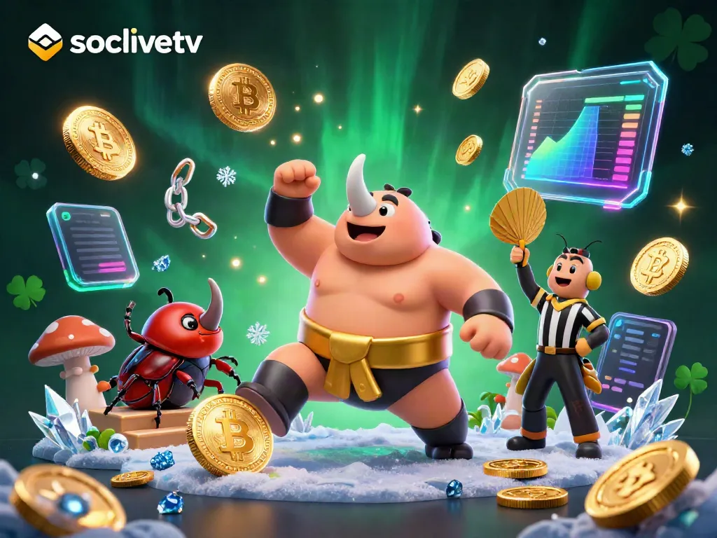 Socolivetv's thrilling betting scene with a rhino sumo champion surrounded by flying coins and crypto elements.