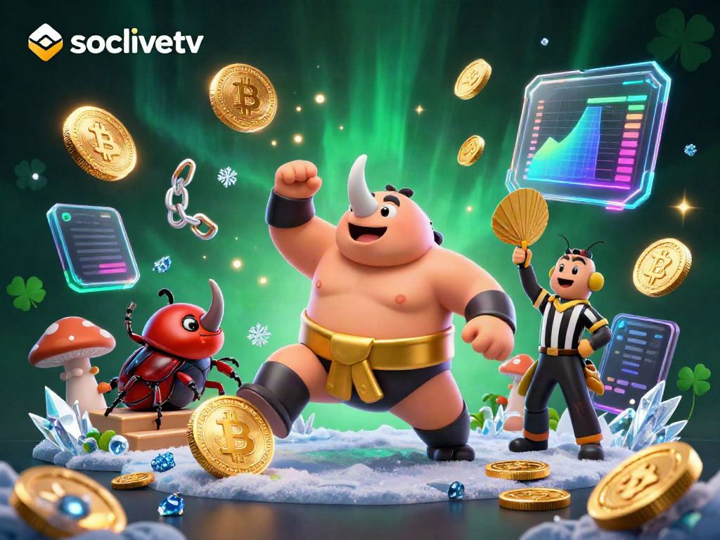 Socolivetv's thrilling betting scene with a rhino sumo champion surrounded by flying coins and crypto elements.
