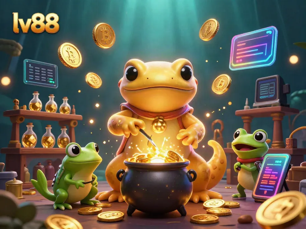 Experience the magic of lv88 with an alchemist transforming coins in this vibrant casino-themed 3D scene.