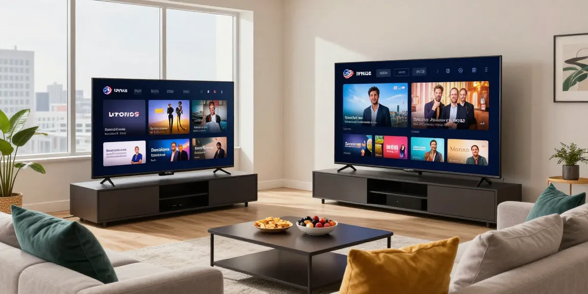 Relaxing living room with IPTV USA streaming on a large TV, stylish decor.