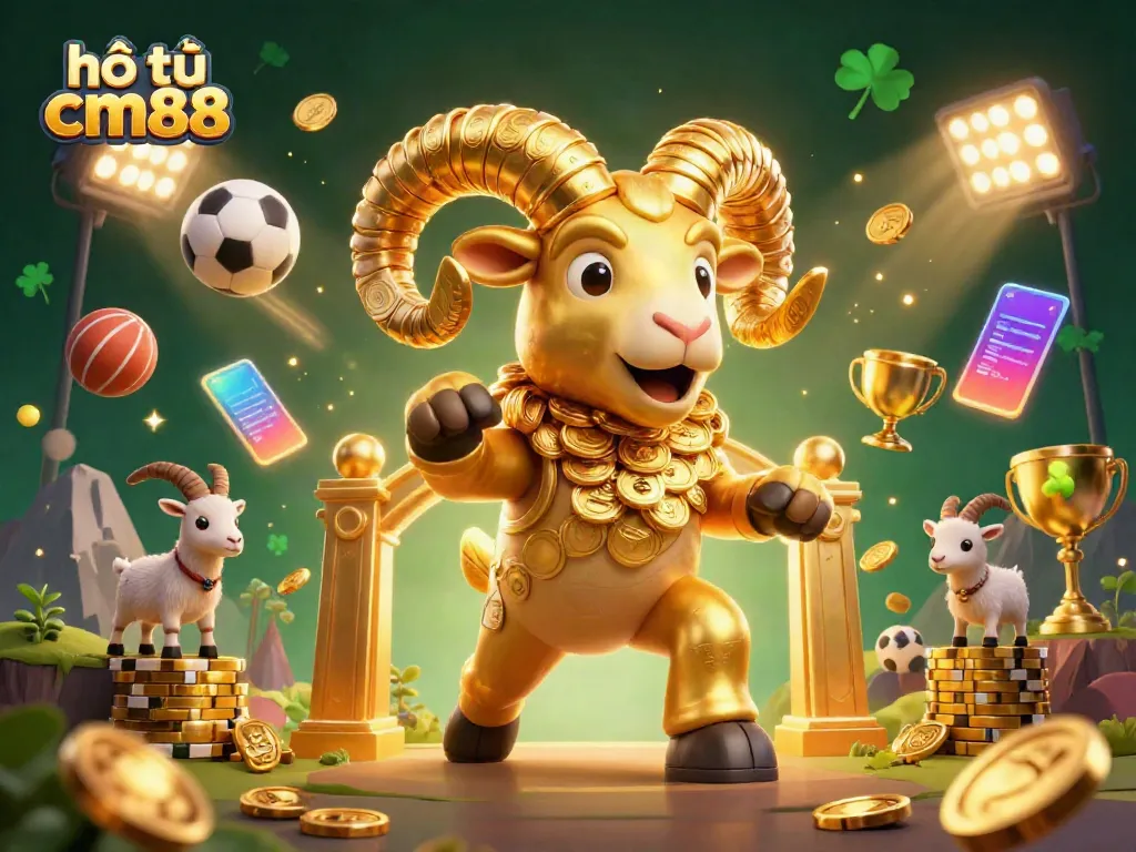 Experience the excitement of hổ trợ cm88 in a vibrant casino scene featuring a golden ram and dynamic sports elements.