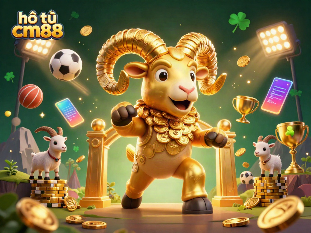 Experience the excitement of hổ trợ cm88 in a vibrant casino scene featuring a golden ram and dynamic sports elements.