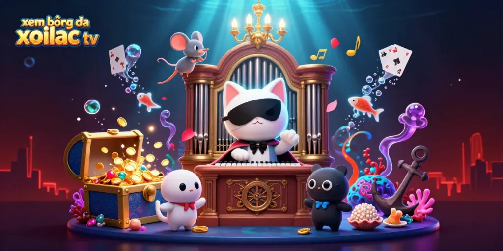 Engage in xem bóng đá xoilac tv with a vibrant casino-themed 3D illustration showcasing dynamic characters and elements.