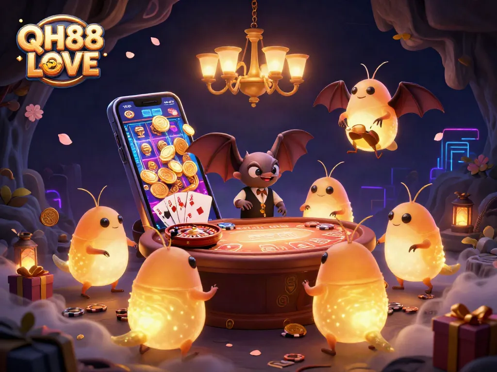 Experience excitement in the QH88 LOVE cave casino with glowing creatures lighting up the games and slots.
