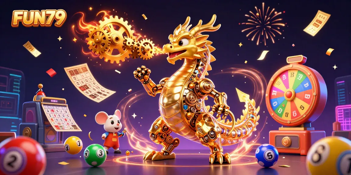Engage with the thrilling FUN79 casino experience featuring a mechanical dragon and dynamic gaming elements.