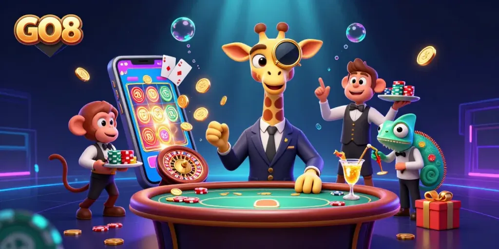 GO8 interactive casino scene with a high-roller giraffe and vibrant gaming elements.
