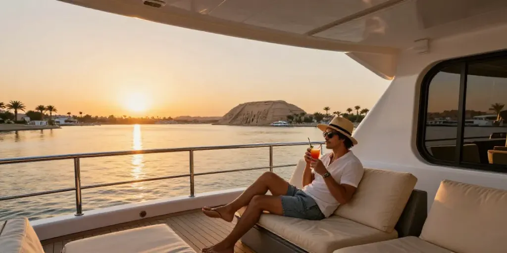 Enjoying a Lake Nasser Cruise at sunset with stunning views.