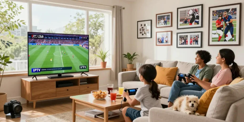 Family enjoying IPTV USA channels in a warm living room.