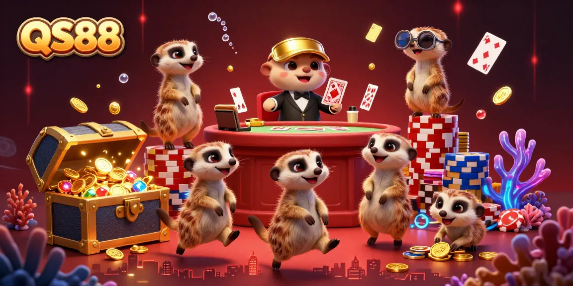 Play thrilling games at QS88 with dynamic animated meerkats handling casino operations in a vivid underwater scene.
