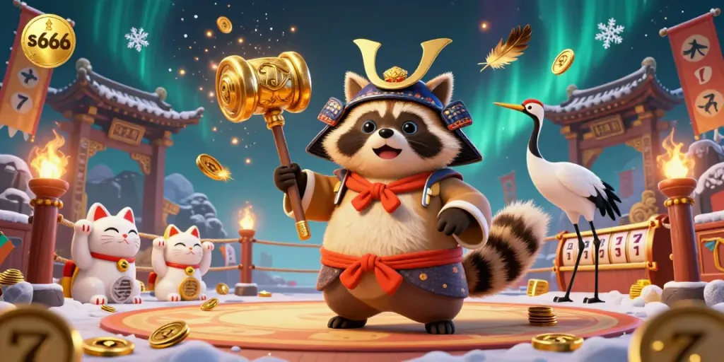 The s666 casino scene showcases a cheerful tanuki and crane amidst gaming elements, capturing festive gambling energy.
