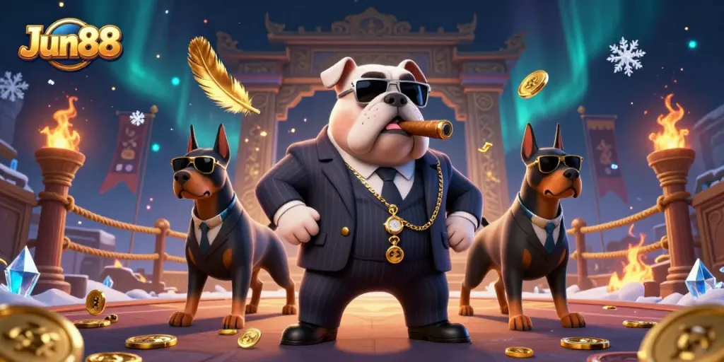 Experience high-stakes gambling excitement with Jun88's animated casino scene featuring unique characters.